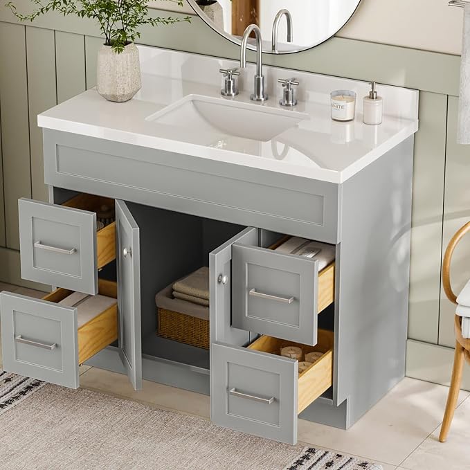 ARIEL Hamlet 43 Inch Single Sink Bathroom Vanity in Gray, 1.5" Edge Quartz Top - Image 4