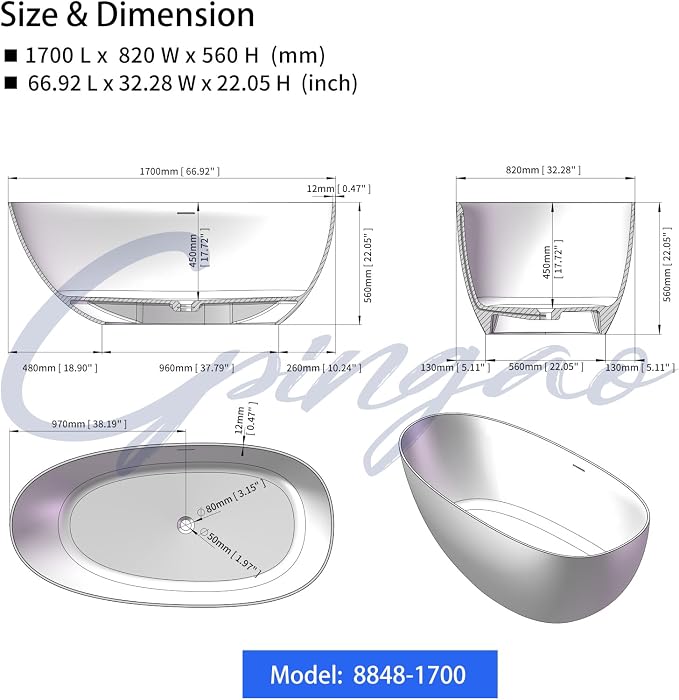 Cpingao 67" Stone Resin Freestanding Bathtub, Egg Shell Solid Surface Soaking - Image 6