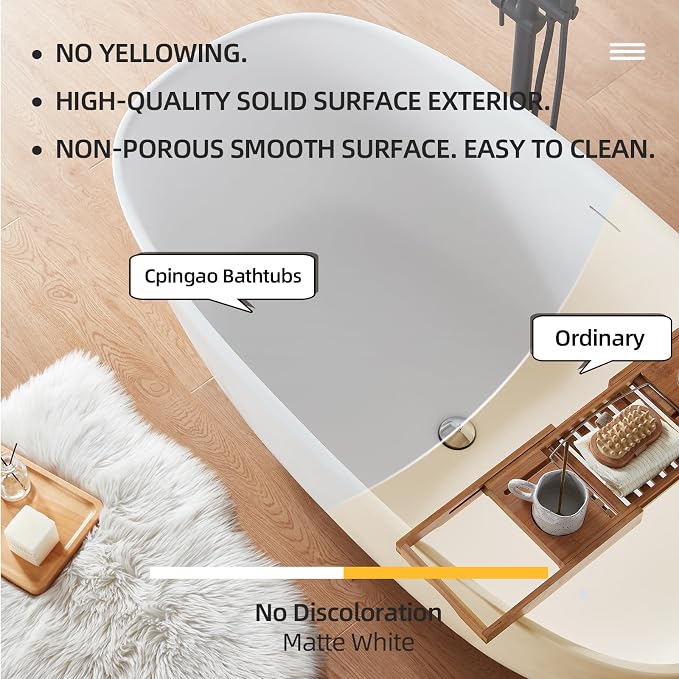 Cpingao 59" Solid Surface Freestanding Bathtub, Stone Resin Soaking Tubs - Image 9