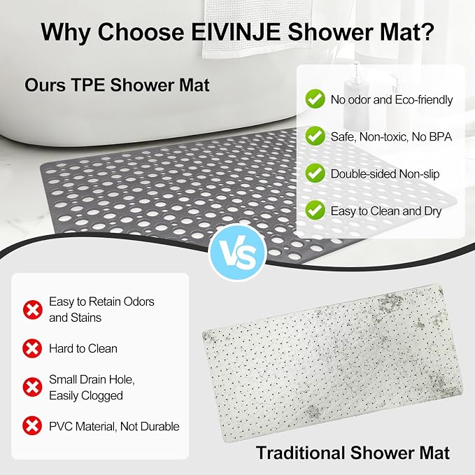 Anti Slip Shower Mat with Suction Cups, 23.6x35.4 Inch Quick Drain TPE Non Slip - Image 6