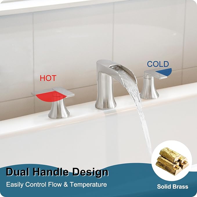 Brushed Nickel Tub Faucet Set 3 Hole, Brass Deck Mount Waterfall Bathtub Faucet - Image 3