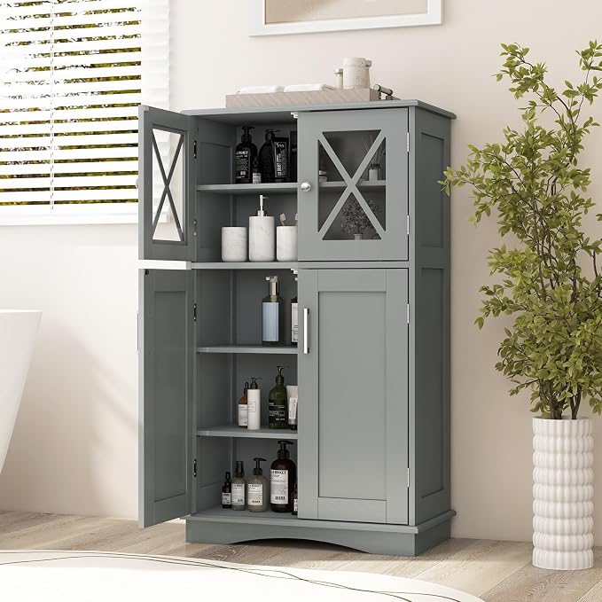Tangkula Freestanding Floor Cabinet w/2 Glass Doors, 3-Level Adjustable Shelves - Image 2