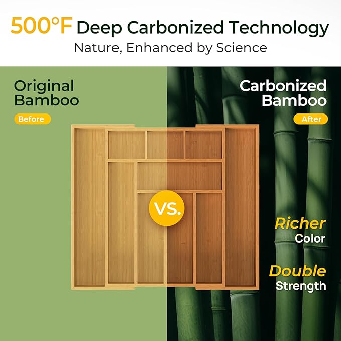 Carbonized Bamboo Kitchen Drawer Organizer, 10 Slots Expandable Silverware - Image 4