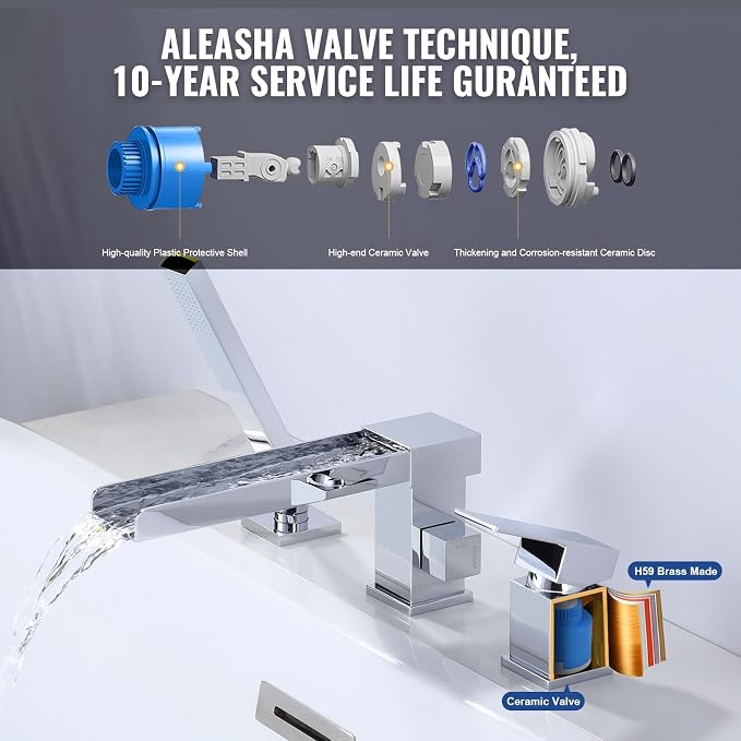 Waterfall Roman Tub Filler Faucet, Deck Mount Bathtub Filler - Image 4