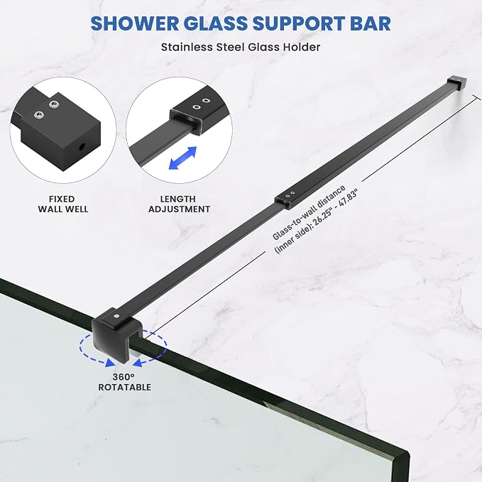 Shower Door Glass Support Bar, 26.96" to 48.54" Adjustable Stainless Steel - Image 5