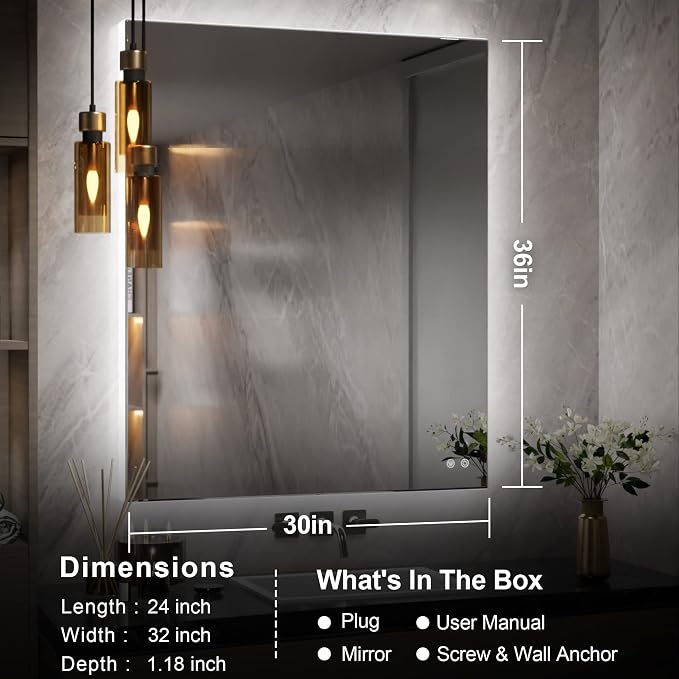 TETOTE 30x36 Inch LED Backlit Bathroom Mirror - Image 6