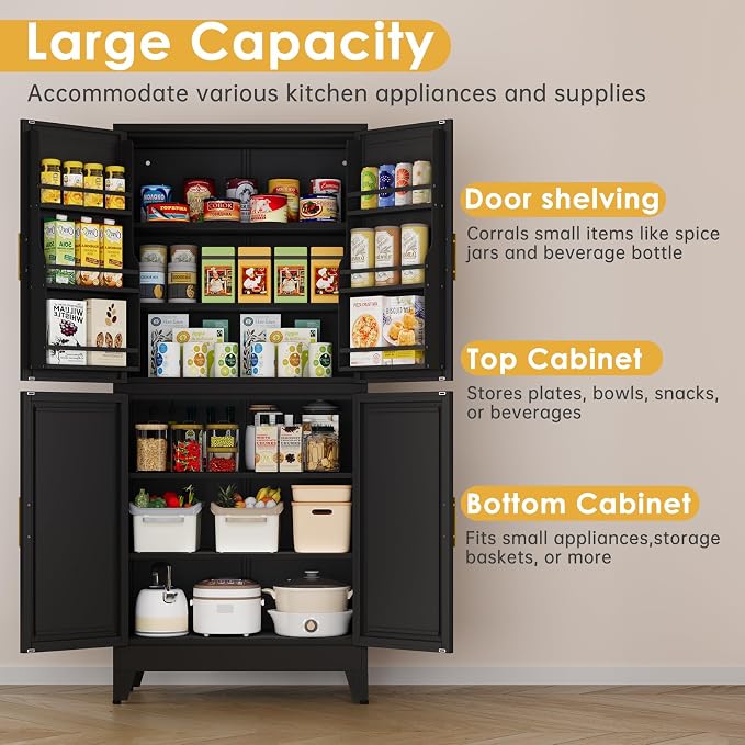 75" Tall Metal Kitchen Pantry Storage Cabinet, Freestanding Cupboard Storage - Image 5
