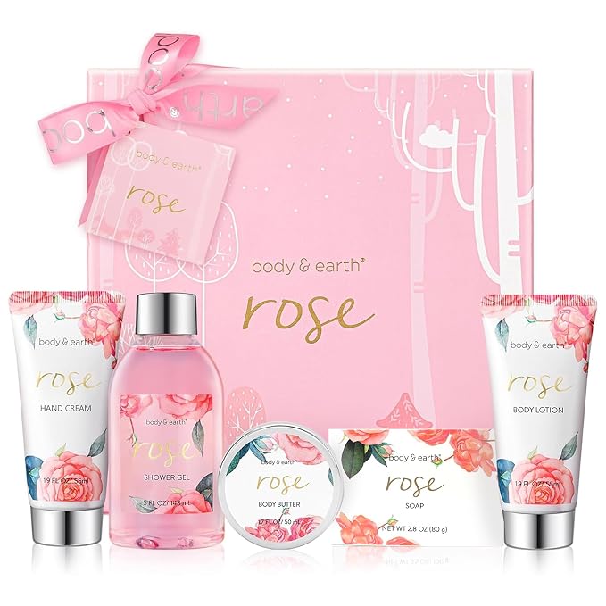 Bath and Body Gift Set for Women, Body & Earth 5 Pcs Rose Spa Gifts for Women by BODYEARTH