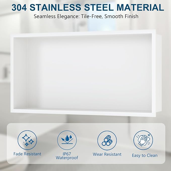 Neodrain White Recessed Shower Niche Shelf Bathroom Cabinet in Wall Stainless - Image 5