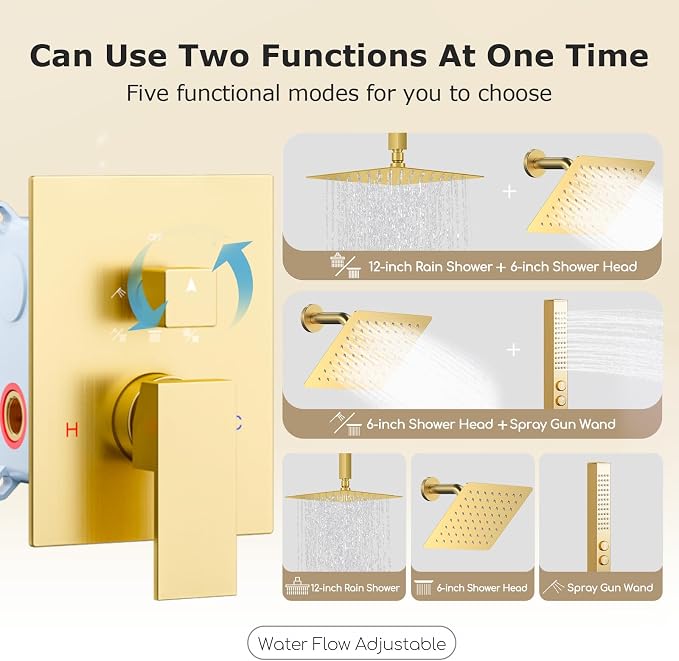 Shower System Brushed Gold Shower Faucet Set, Five Functions Knob Diverter - Image 4