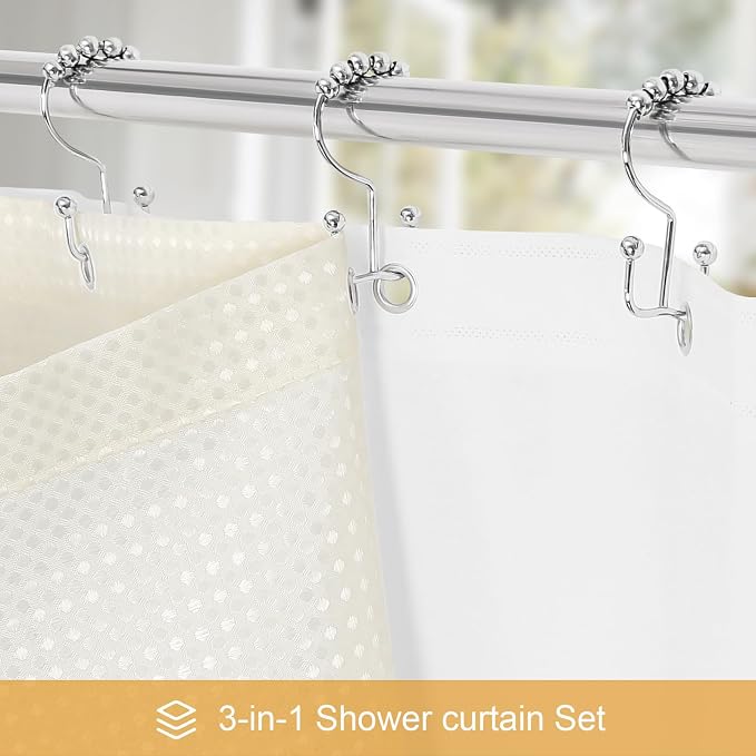 3 in 1 Extra Long Cream Shower Curtain Set-72 W x 84 H, Ivory Waffle and PEVA - Image 2