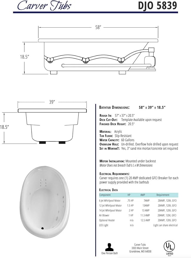 Carver Tubs - DJO5839 - Whrilpool Bathtub - 58"L x 39"W x 18.5"H - White Oval - Image 9
