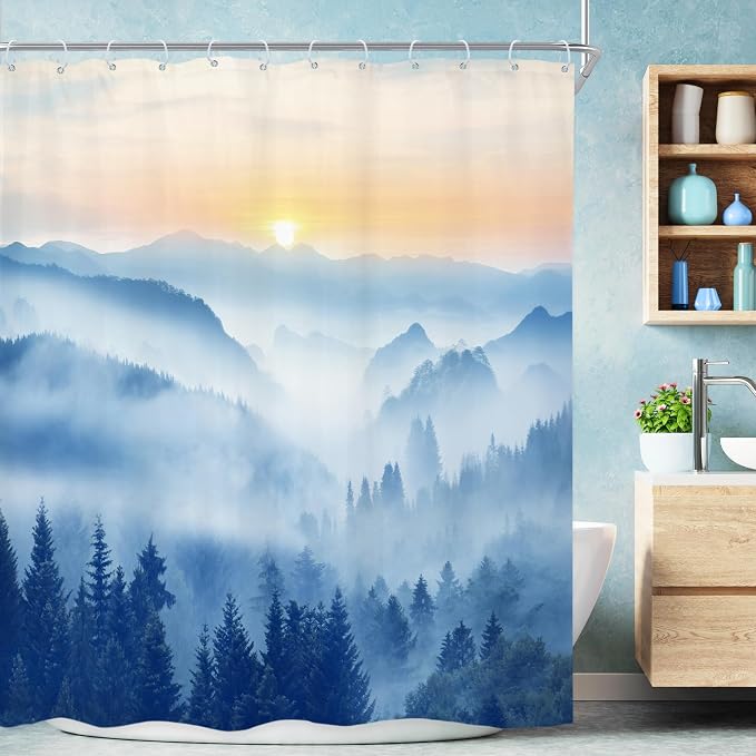 Riyidecor Misty Mountain Shower Curtain 60Wx72H Inch Blue Spring Scenery by Riyidecor