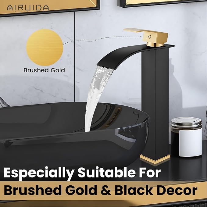 Airuida Waterfall Bathroom Tall Vessel Faucet Matte Black&Brushed Gold Vanity - Image 2