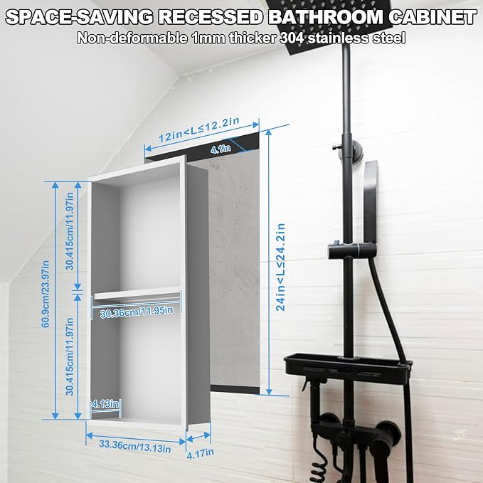 304 Stainless Steel Shower Niche Insert-24 x 12" No Tile Needed Bathroom Niche - Image 2