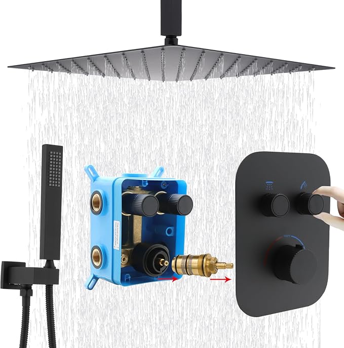 Thermostatic Matte Black Shower System, 16 Inch Luxury Rain Mixer Shower Combo by Backnets