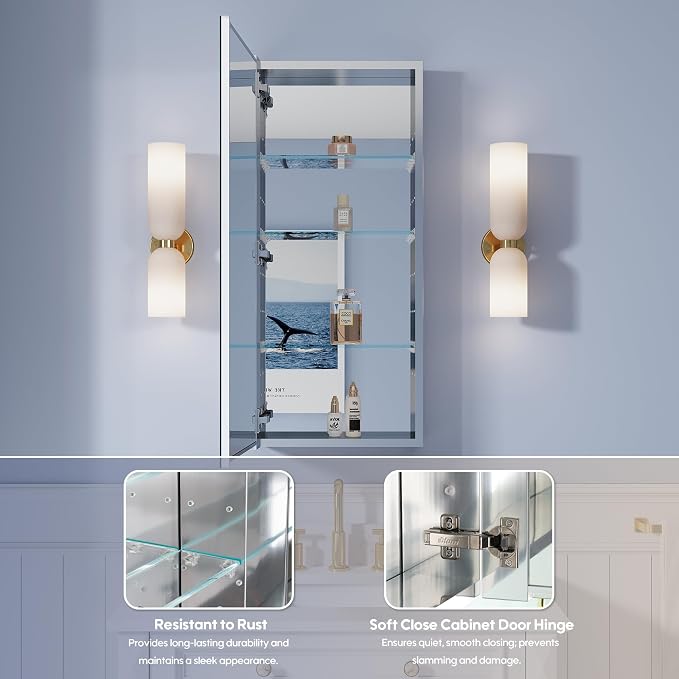 WELLFOR 16" x 36" Bathroom Medicine Cabinet, Anodized Chrome Aluminum Frame - Image 4