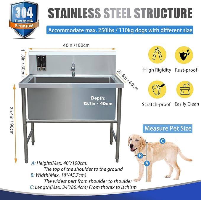 40" Dog Washing Station, Dog Grooming Bathtub Station, Professional Stainless - Image 2