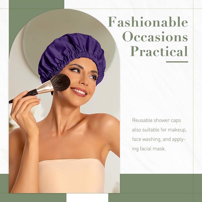 Reusable Shower Cap for Women, Large Waterproof Shower Bonnet Washable Elastic - Image 2
