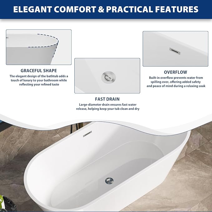 Sarlai 67 Inch Acrylic Freestanding Soaking Bathtub Contemporary Soaking White - Image 6
