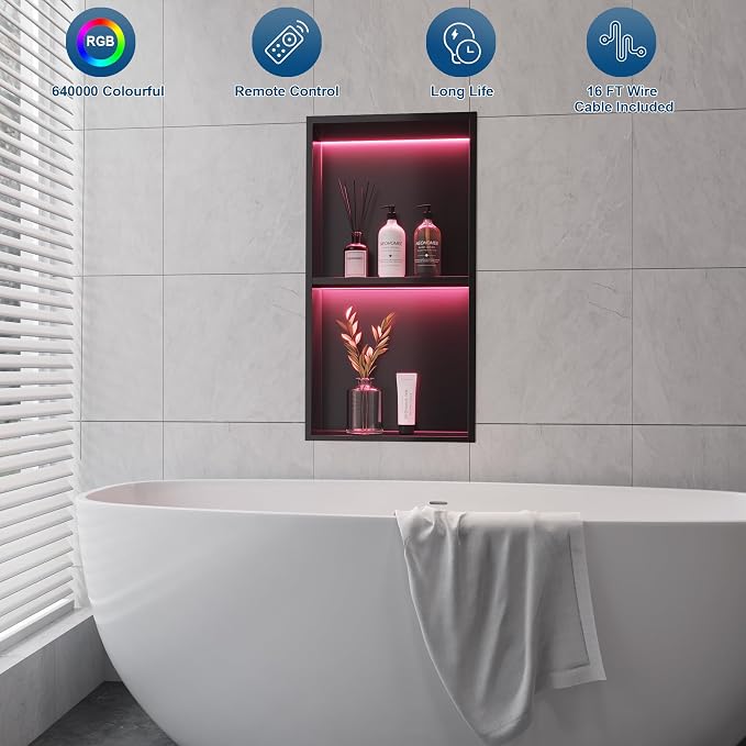 2-Tiers 12x24 Shower Niche, RGB LED Light Strips, Matte Black Wall Cabinet Shlef - Image 8