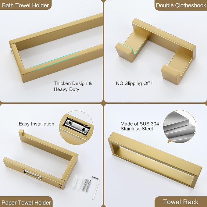 Lairuier Bathroom Hardware Accessories Set, Brushed Gold 4-Piece Bathroom - Image 4