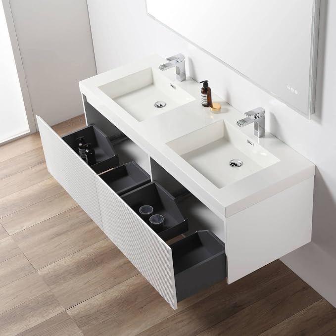 Blossom 60 Inch Double Sink Bathroom Vanity, All Wood Wall Mounted Floating - Image 4