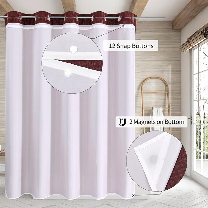 MitoVilla Burgundy Long Shower Curtain Liner Set 72 x 80, No Hooks Needed 80 - Image 2