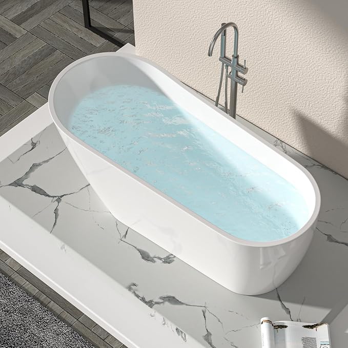Logmey 67 Inch White Acrylic Freestanding Bathtub Oval Shape Soaking Tub - Image 2