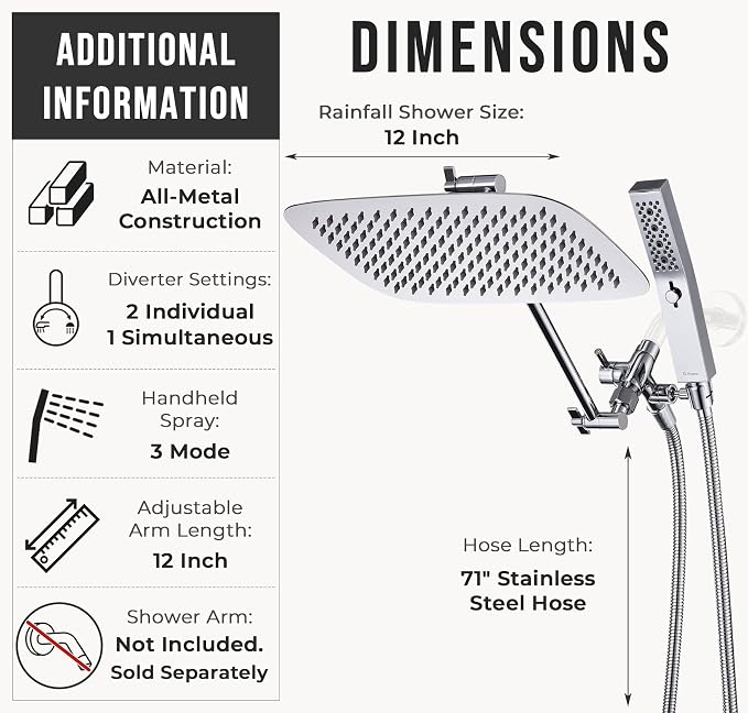 G-Promise All Metal 12 Inch Dual Square Shower Head - Image 6