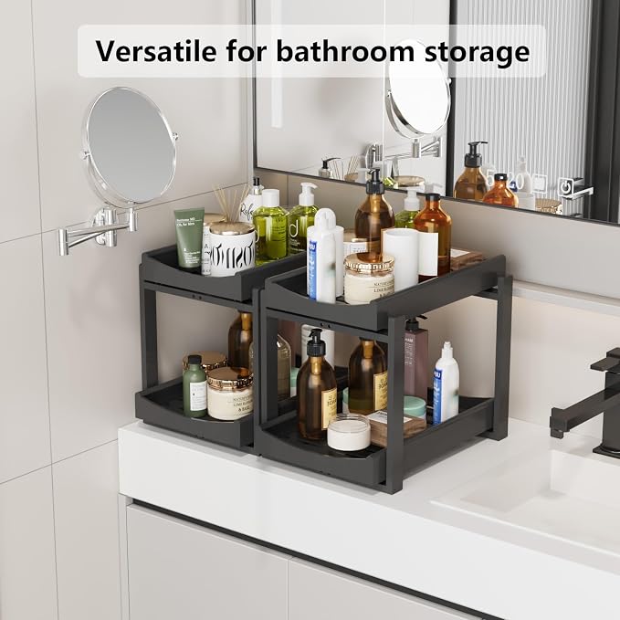 Bamboo Under Sink Organizer Adjustable Height 2 Tier Bathroom Organizer Pull - Image 7
