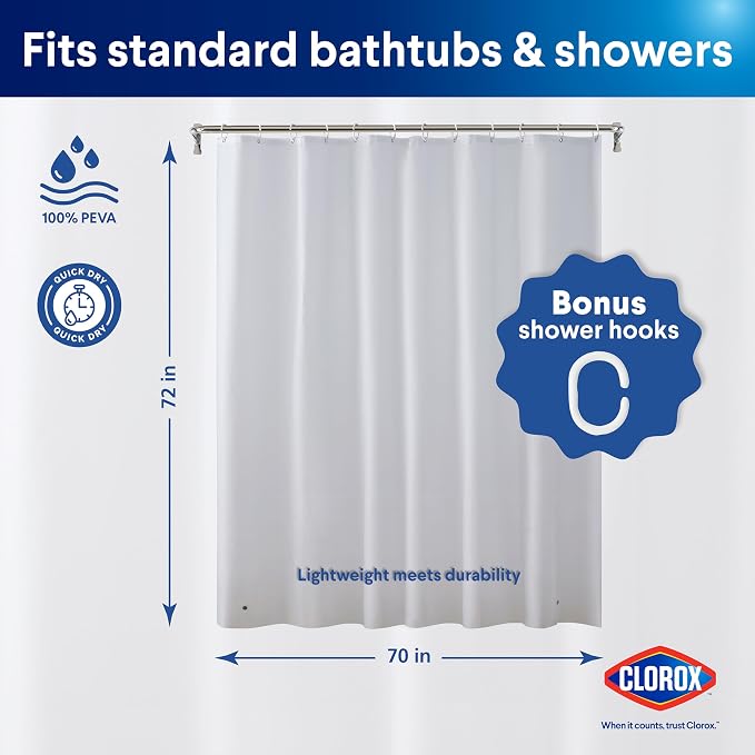 CLOROX Shower Curtain Liner & Hooks, Premium Lightweight Flexible Waterproof 4g - Image 2