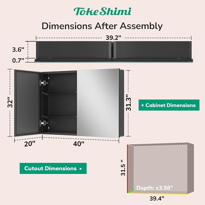 TokeShimi 40 x 32 Mirrored Medicine Cabinet Recessed or Wall Mounted, Aluminum - Image 2