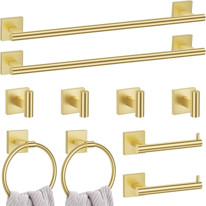 10 Pieces Brushed Gold Towel Bar Set, 23.6 Inch Bathroom Accessories Set SUS304 by LairuierBathroomHardwareSet