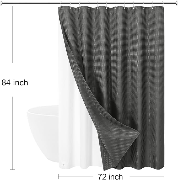 3 in 1 Extra Long Charcoal Grey Shower Curtain Set-72 W x 84 H, Modern Waffle - Image 8
