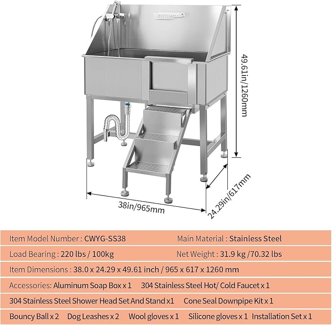 38 Inch Professional Dog Wash Station, Stainless Steel Dog Grooming Tub - Image 2