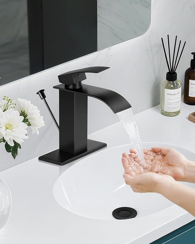 Bathroom Faucets with Lift Rod Drain Mater Black Waterfall Bathroom Sink Faucet - Image 6