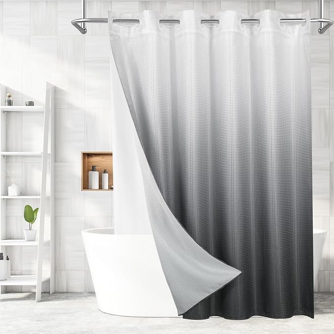 MitoVilla No Hooks Needed Grey Ombre Waffle Shower Curtain Liner Set, Modern by MitoVilla