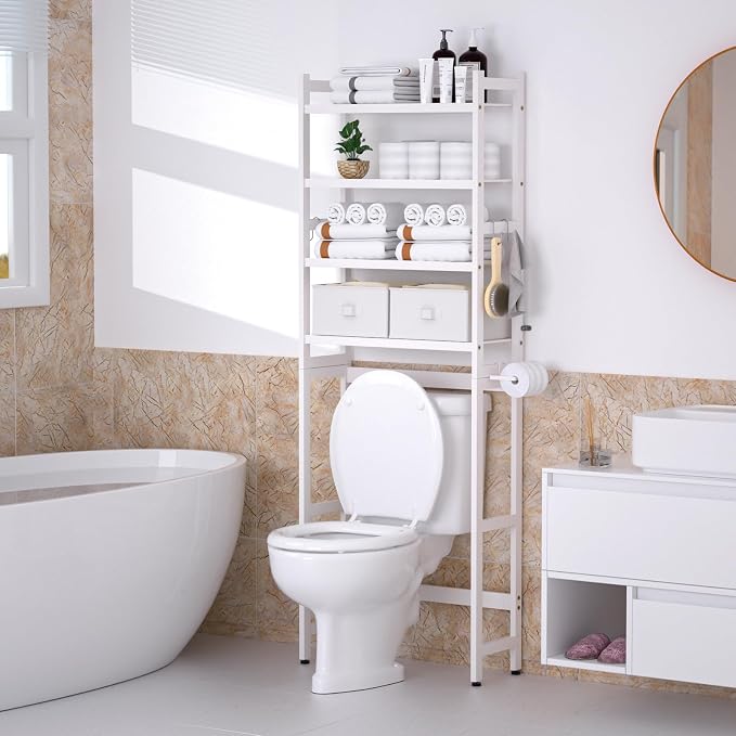 Over The Toilet Storage with 2 Baskets, 4-Tier Bamboo Organizer Rack with Paper - Image 2
