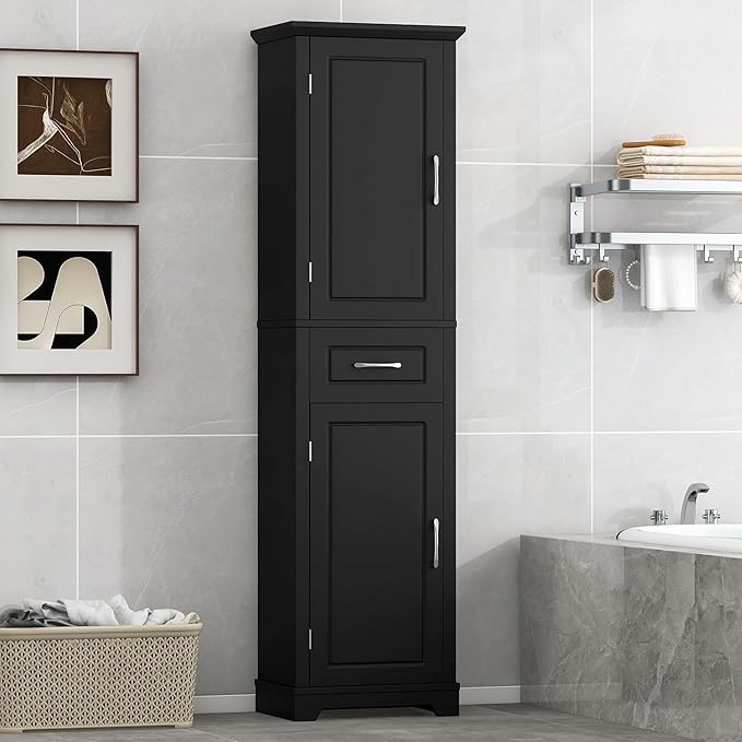 Slim Bathroom Storage Cabinet, Wood Tall Narrow White Bathroom Storage Cabinet - Image 3