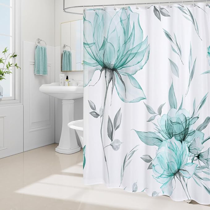 Extra Long Boho Watercolor Floral Shower Curtain 72 x 84, Teal Blue and Grey - Image 2