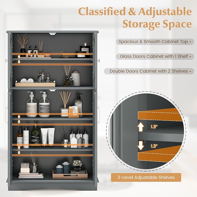 Tangkula Freestanding Floor Cabinet w/2 Glass Doors, 3-Level Adjustable Shelves - Image 5