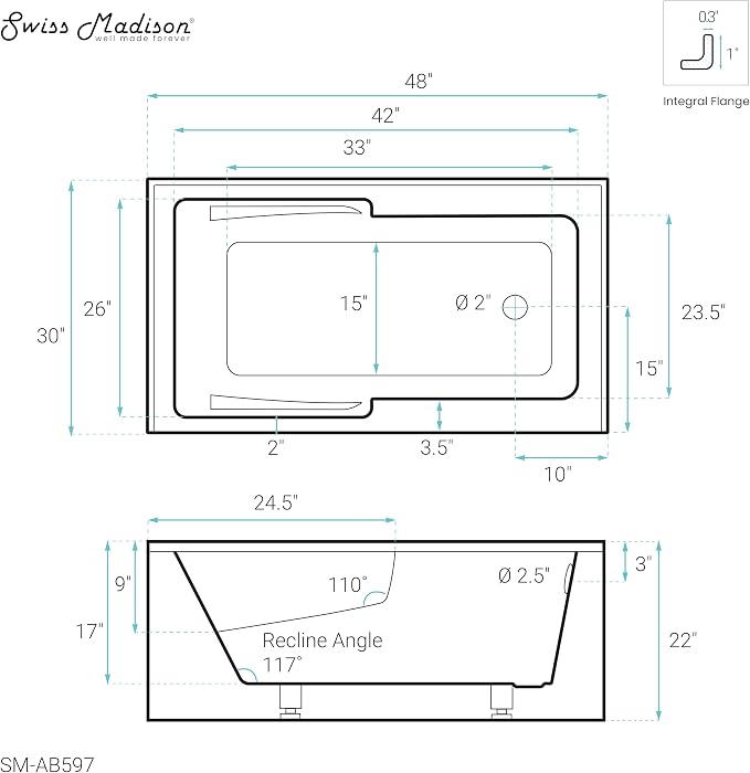 Voltaire 48" x 30" Right-Hand Drain Alcove Integrated Armrest Bathtub - Image 8