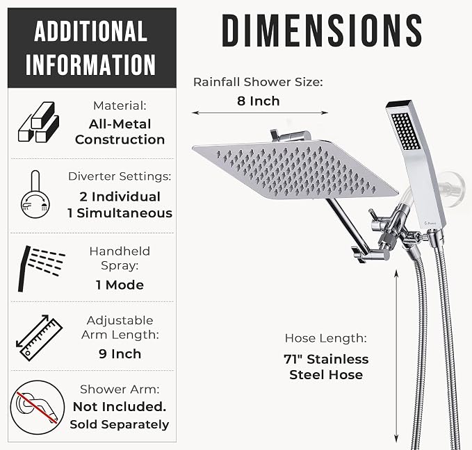 G-Promise All Metal 8 Inch Dual Square Shower Head - Image 6