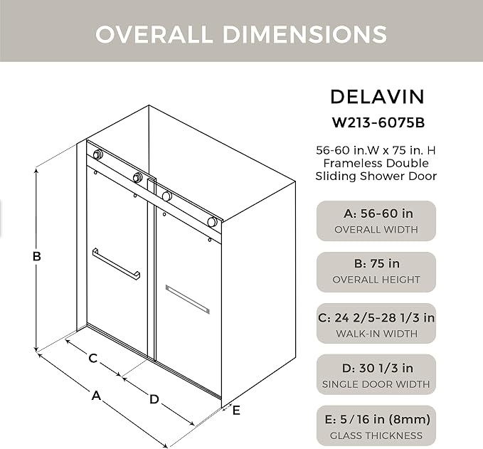 DELAVIN 56"-60"W x 75"H Frameless Shower Door, Double Sliding Shower Door - Image 8