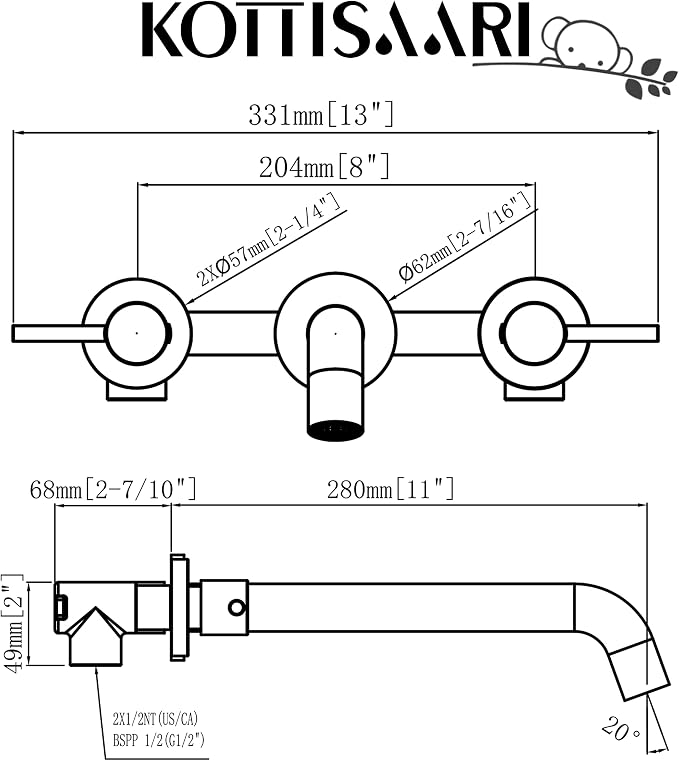 Wall Mount Tub Filler, Two Cross Handle Bathtub Faucet, Extra Long Spout Reach - Image 8
