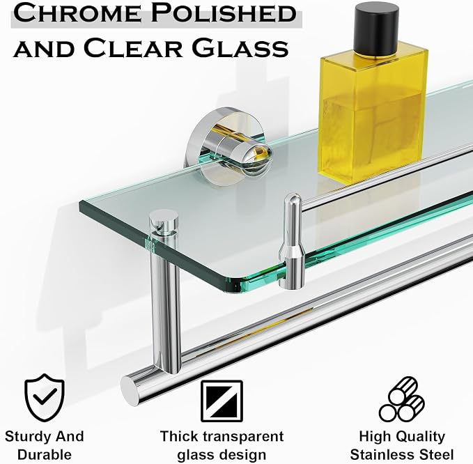 24-Inch Towel Rack with Shelves Tempered Glass Bathroom Shelves with Bar - Image 5
