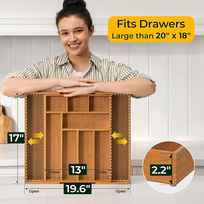 Carbonized Bamboo Kitchen Drawer Organizer, 10 Slots Expandable Silverware - Image 5