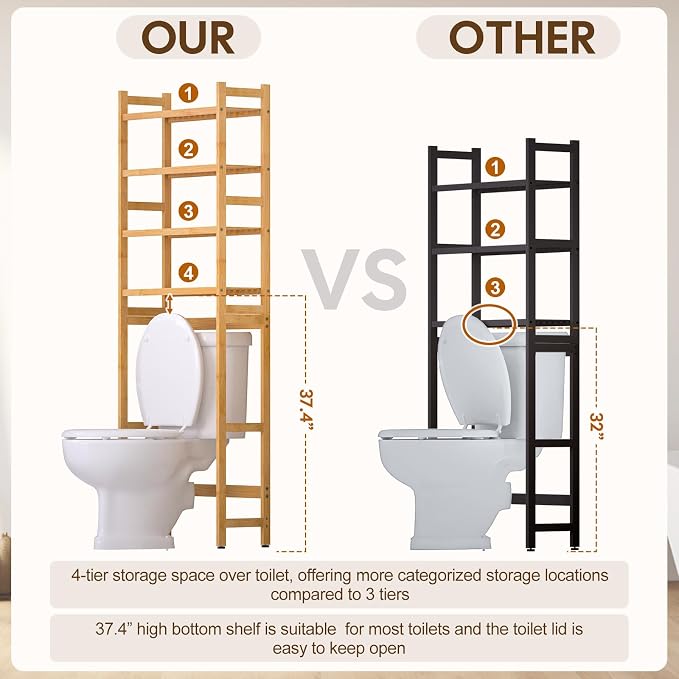 Over The Toilet Storage with 2 Baskets, 4-Tier Bamboo Organizer Rack with Paper - Image 3