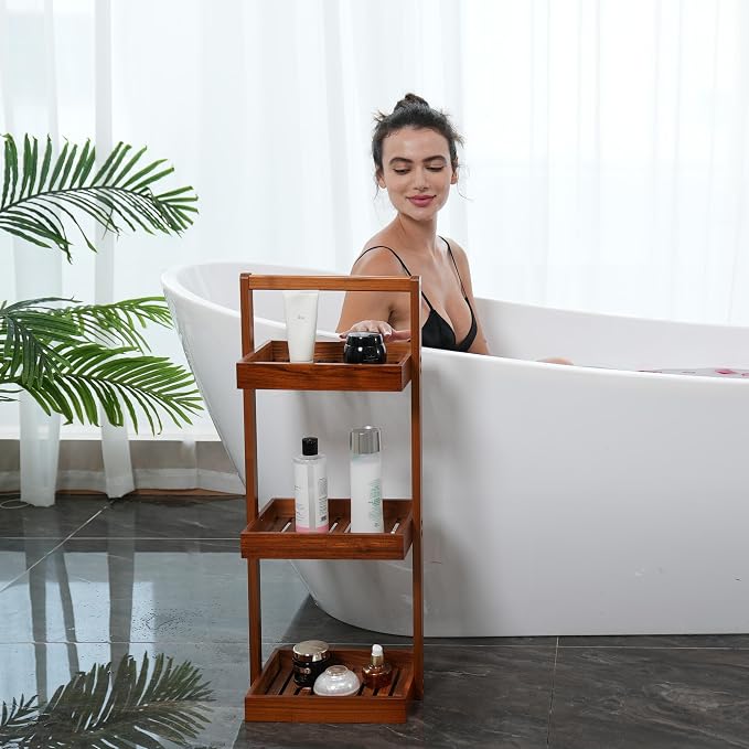 Utoplike Teak Shower Caddy Corner, 3 Tier Standing Shower Organizer Shelf - Image 2